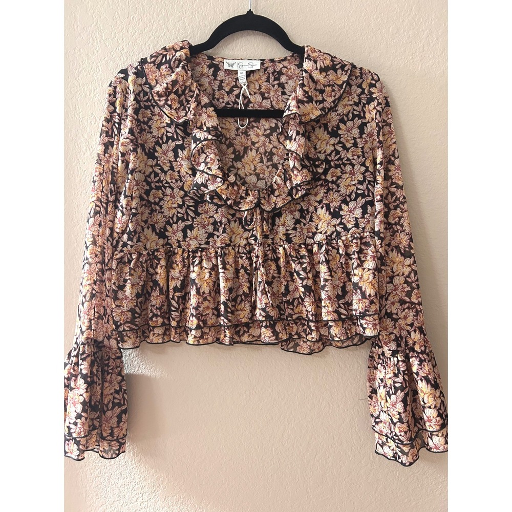 Jessica Simpson Floral Ruffle Crop Top Metallic Gold Thread Peplum Blouse XS